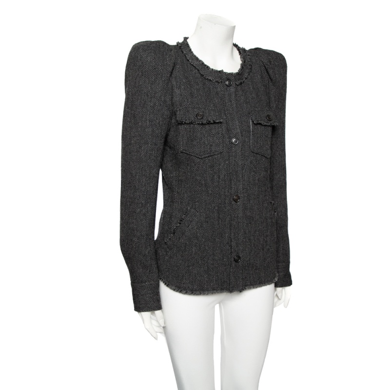 

Isabel Marant Grey Knit Fringed Detailed Button Front Jacket