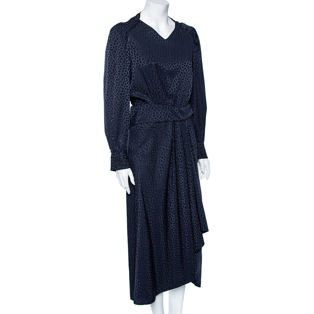 

Isabel Marant Navy Blue Silk Jacquard Long Sleeve Midi Dress