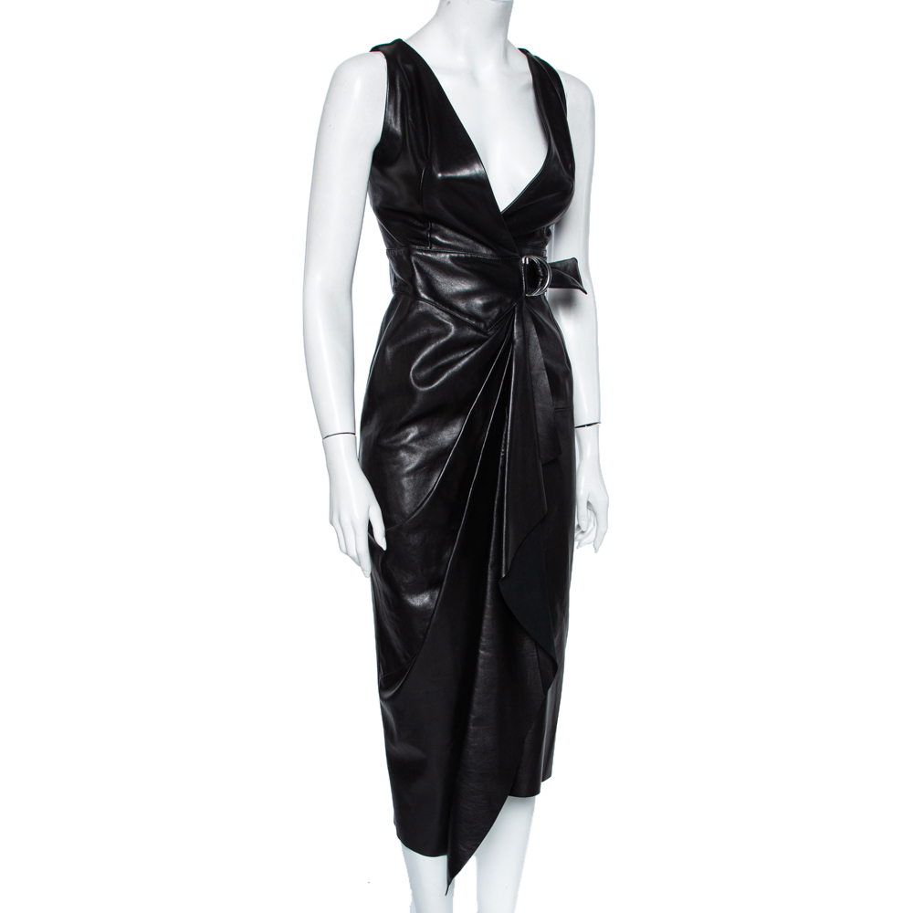 

Isabel Marant Black Leather Draped D-Ring Wrap Dress