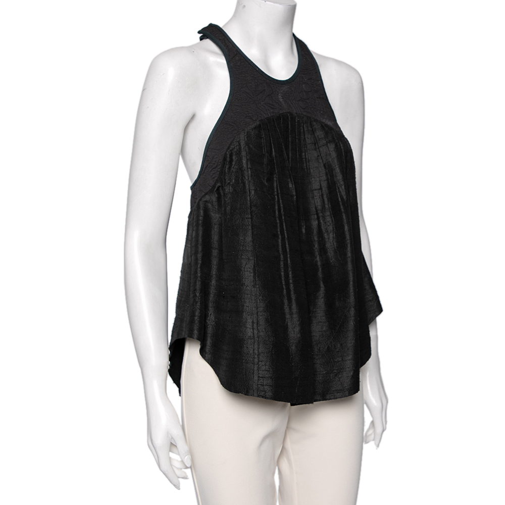 

Isabel Marant Black Floral Embroidered Cotton & Silk Pleated Detail Top