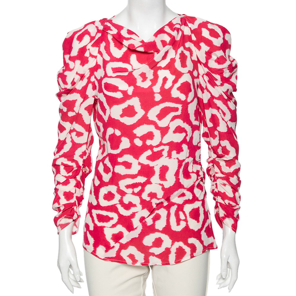

Isabel Marant Fuchsia Printed Crepe De Chine Draped Claire Blouse M, Pink