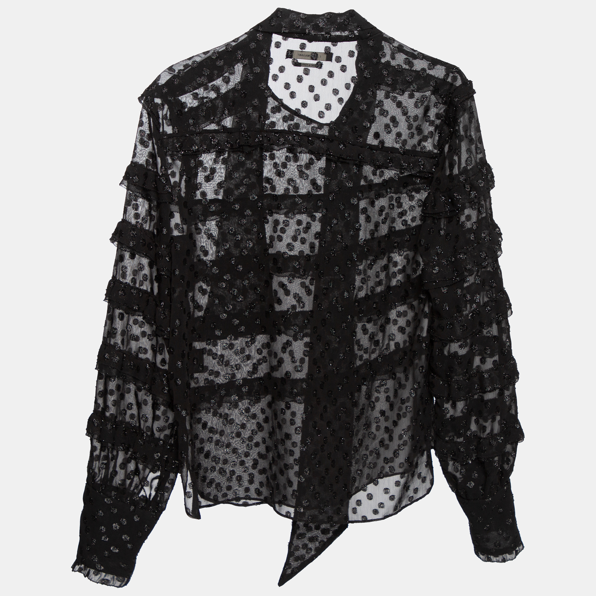 

Isabel Marant Black Polka Dotted Lurex Tulle Ruffle Trimmed Blouse