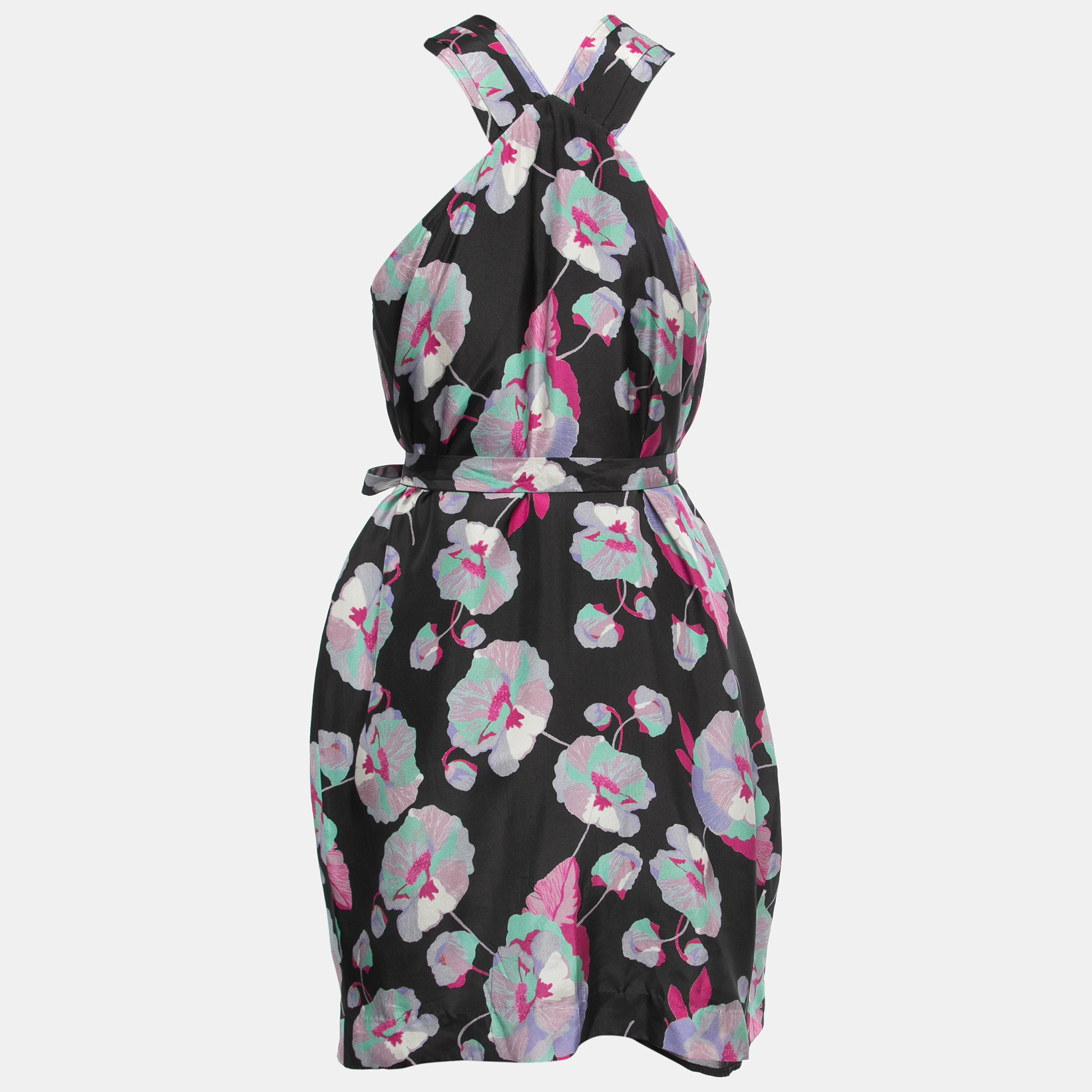 

Isabel Marant Black Floral Printed Silk Belted Sleeveless Dress