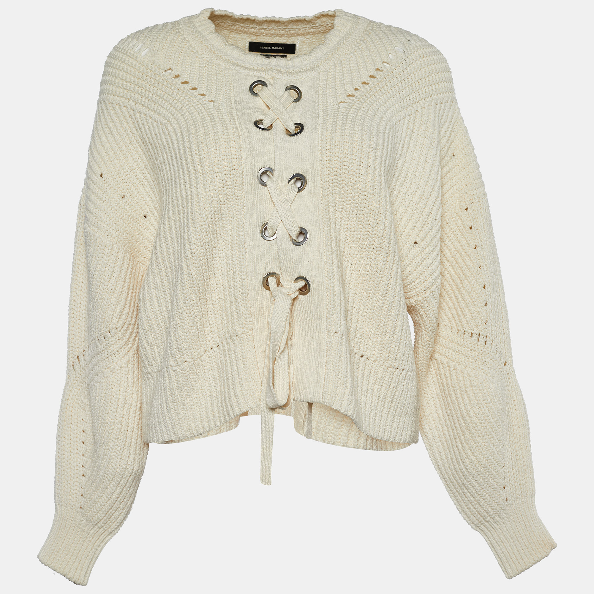 Pre-owned Isabel Marant Ecru Knit Cotton Knit Tie-up Detail Sweater S In Cream