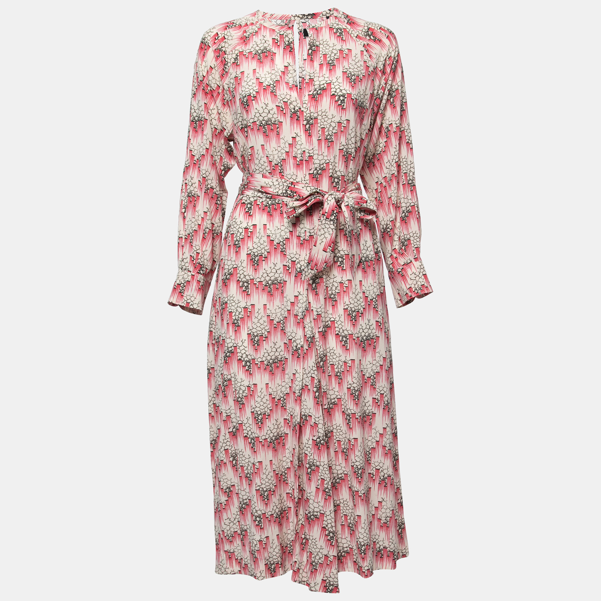 Pre-owned Isabel Marant Pink/cream Printed Silk Blend Crepe De Chine Midi Dress S