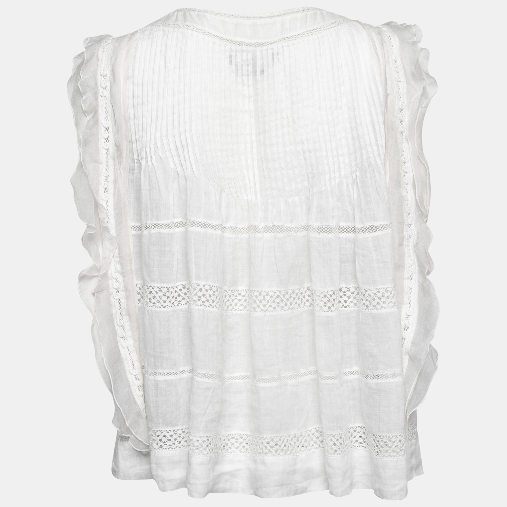 

Isabel Marant White Ramie Pleated Front Lace Trimmed Top