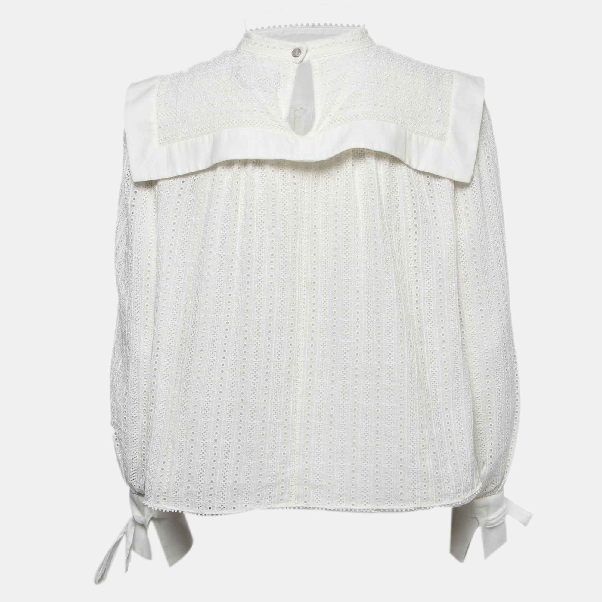 

Isabel Marant White Eyelet Cotton Bib Detail Long Sleeve Blouse