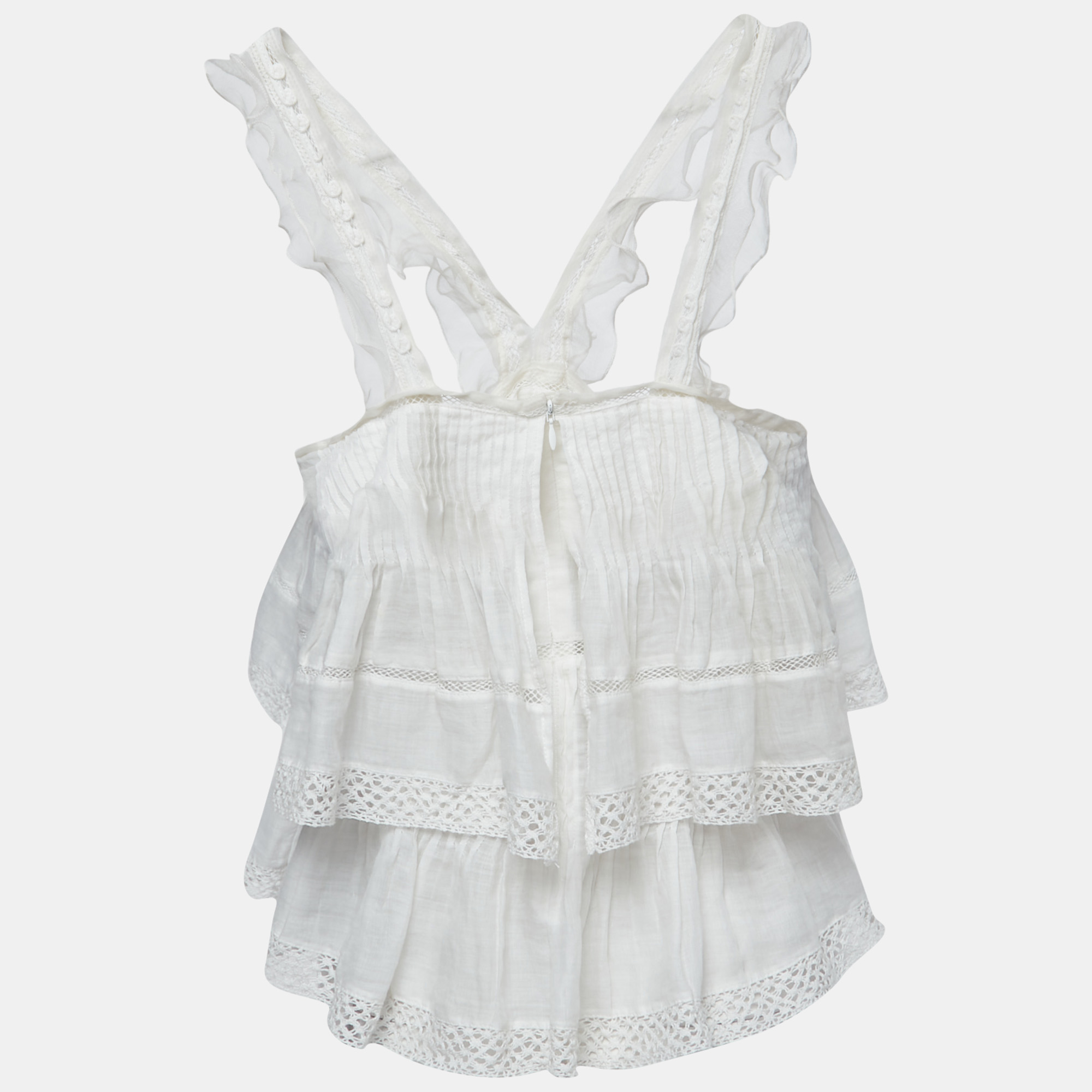 

Isabel Marant White Ramie & Silk Lace Trimmed Ruffle Top