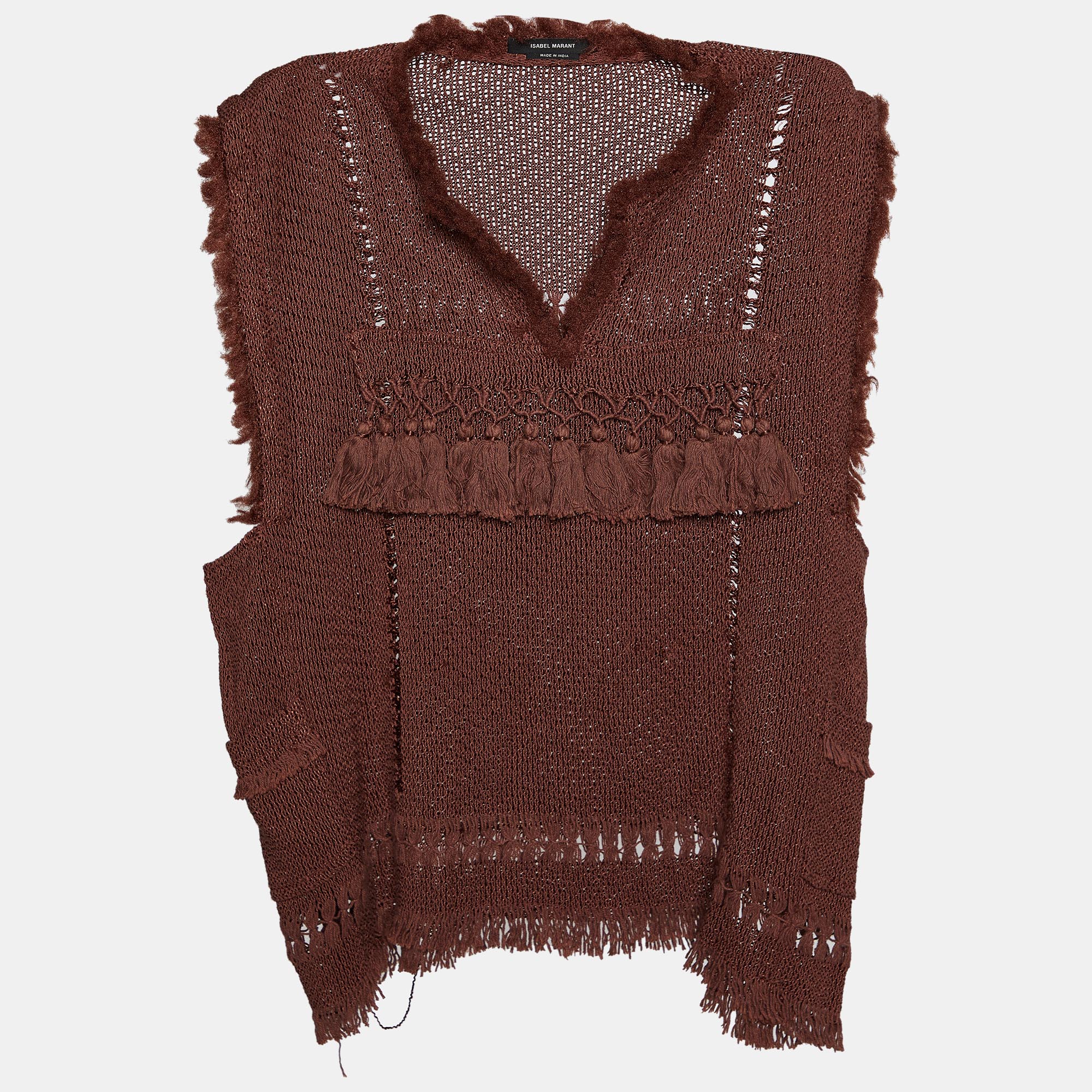 Pre-owned Isabel Marant Brown Perforated Knit Sleeveless Fringe Tassel Detail Top M