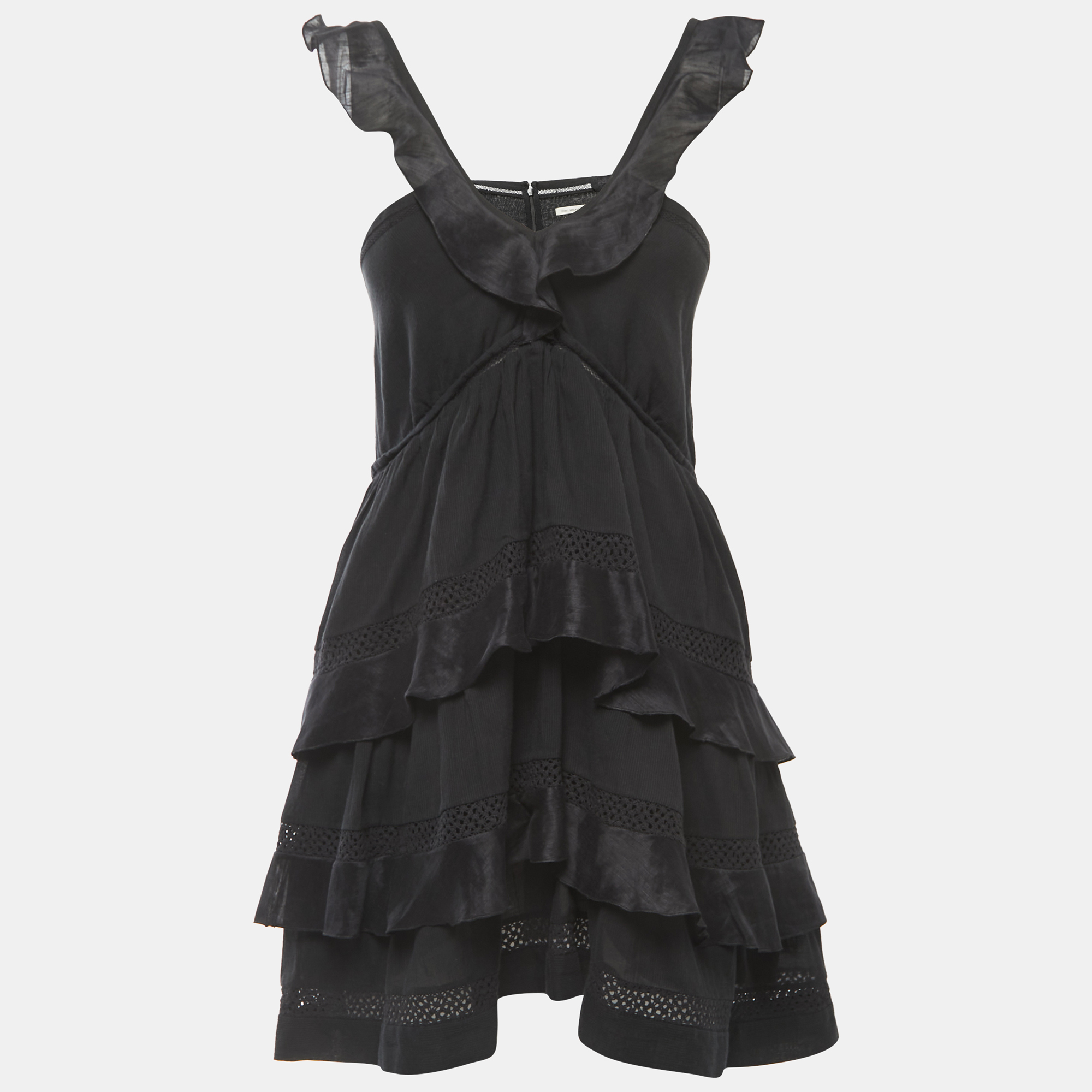 Pre-owned Isabel Marant Black Cotton Blend Tiered Strappy Mini Dress L