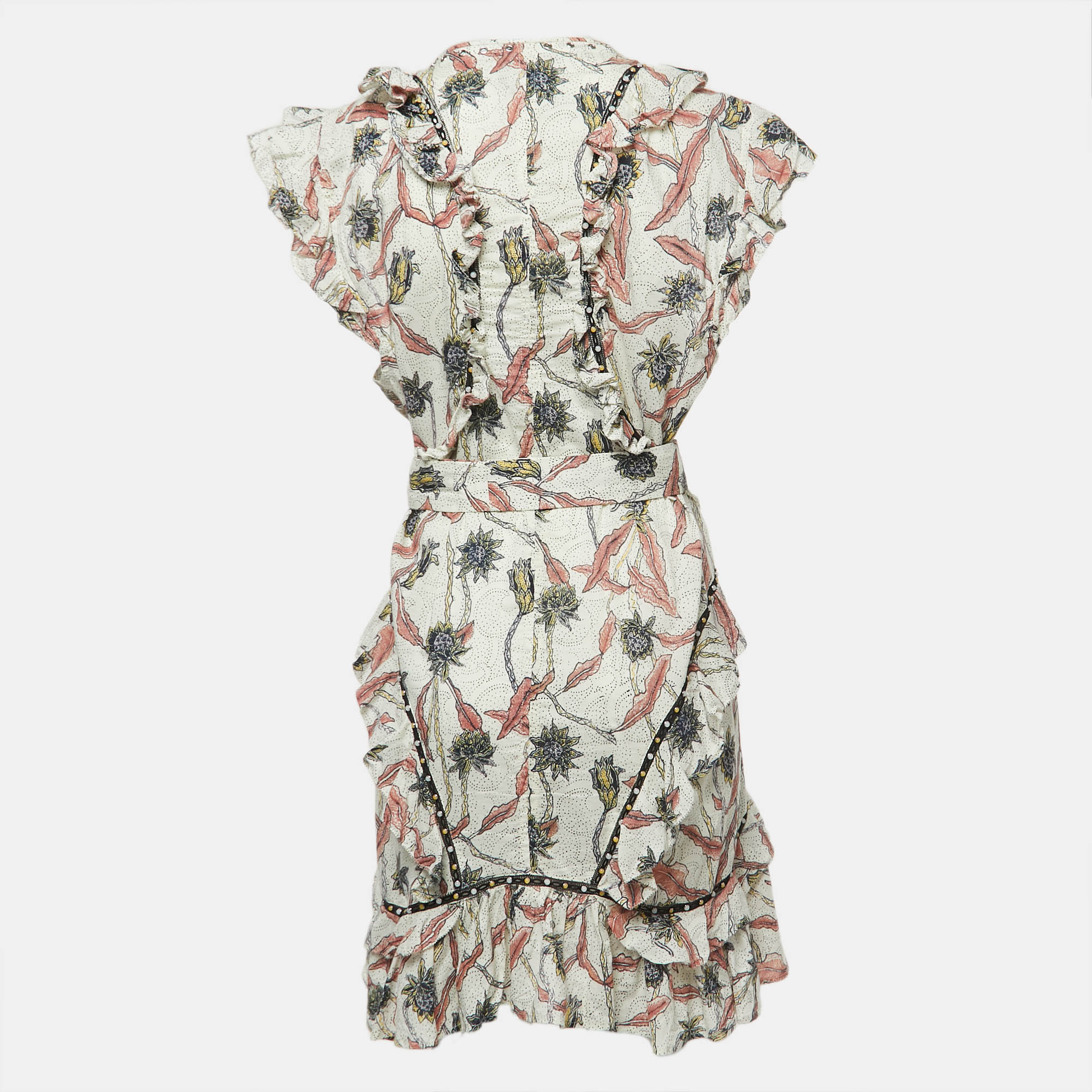

Isabel Marant Multicolor Print Studded Cotton Ruffle Belted Mini Dress L