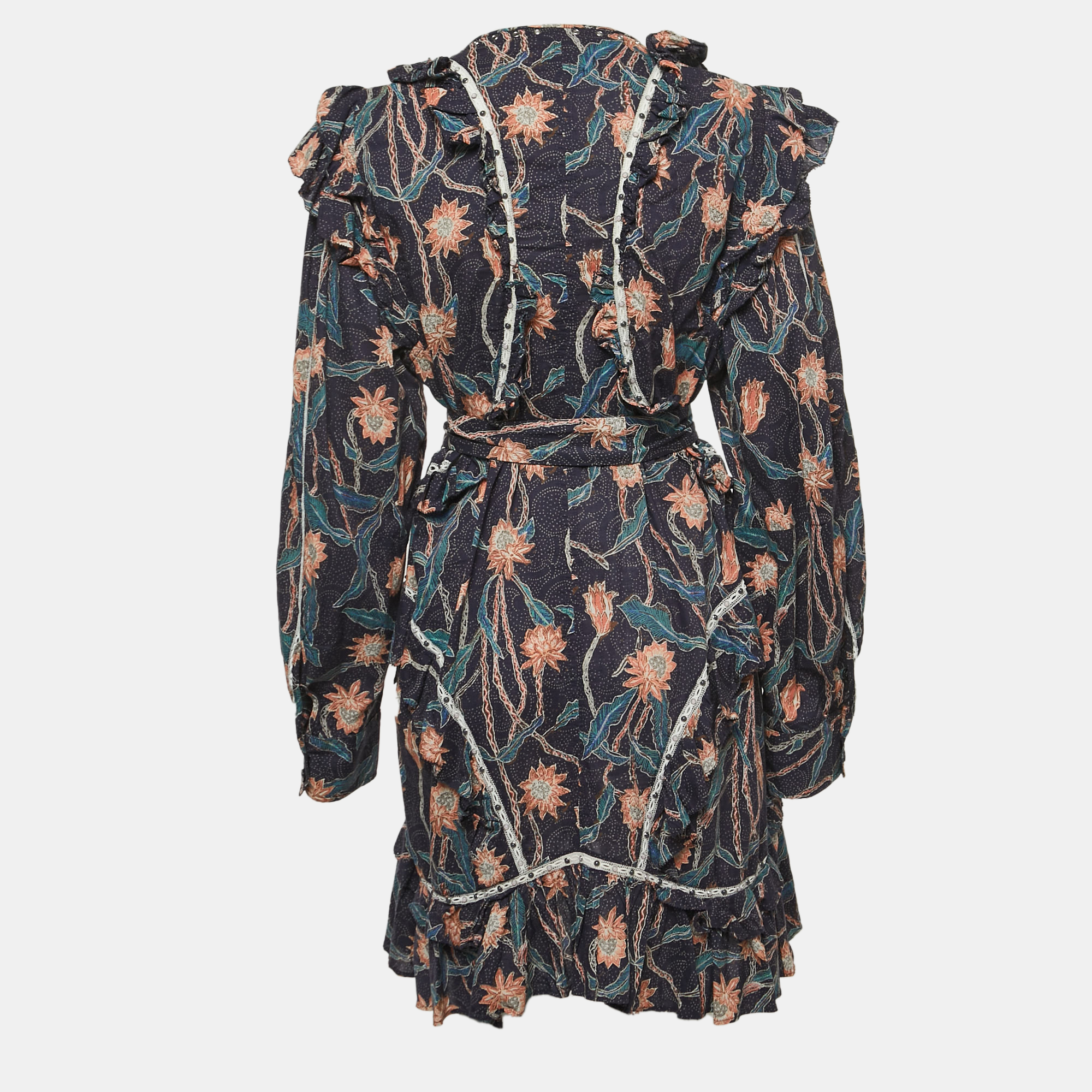 

Isabel Marant Navy Blue Floral Print Studded Cotton Ruffle Belted Mini Dress