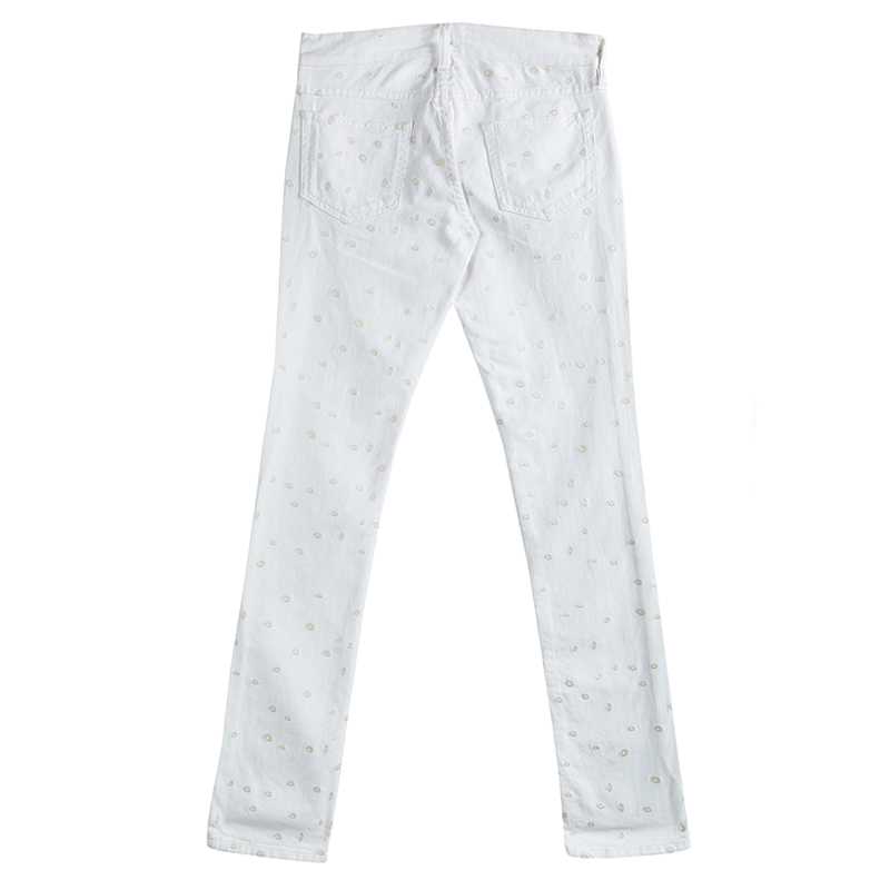 

Isabel Marant Beige White Denim Dot Embroidered Rumba Pants