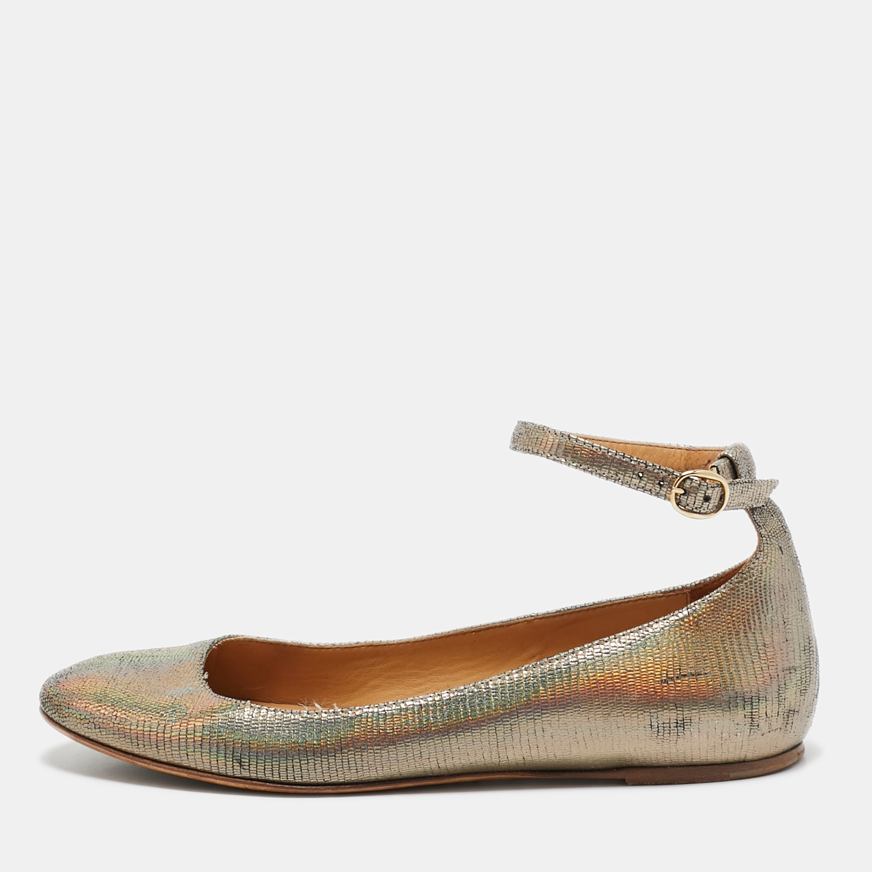 

Isabel Marant Metallic Embossed Lizard Suede Ankle Strap Ballet Flats Size