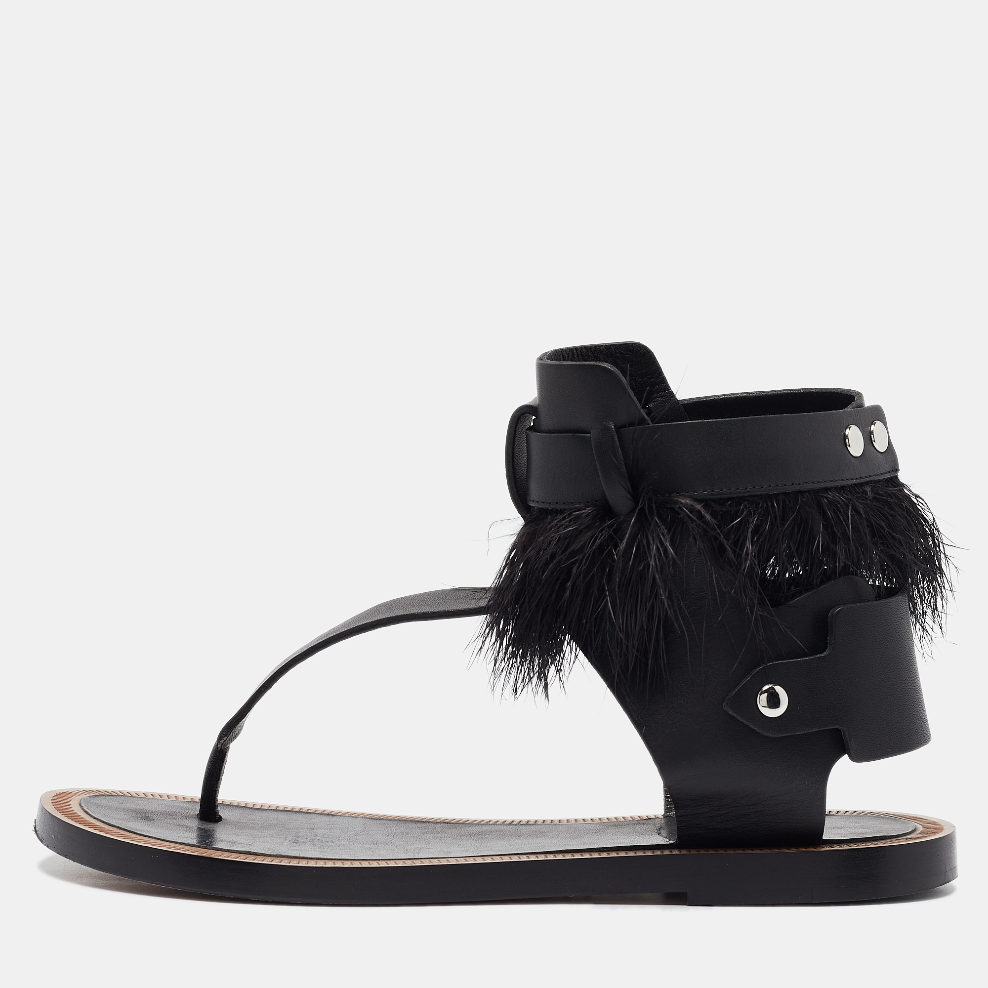 

Isabel Marant Black Leather And Feather Trim T-Strap Sandals Size