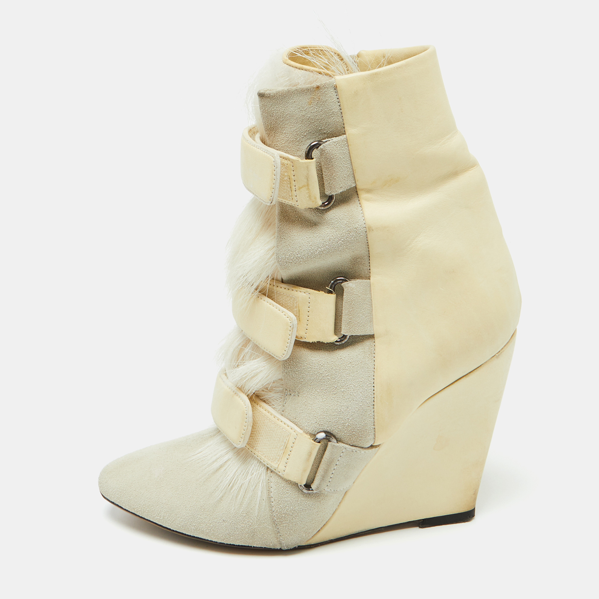 

Isabel Marant Cream Leather, Suede and Calf Hair Scarlet Wedge Ankle Boots Size