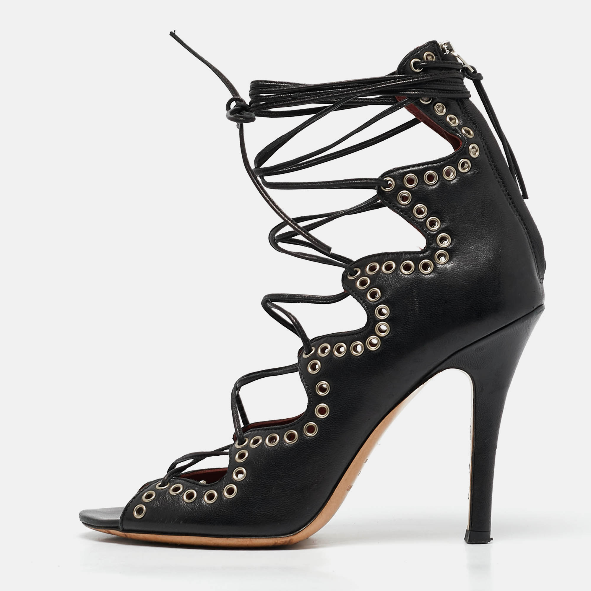 

Isabel Marant Black Leather Eyelet Embellished Lace Up Lelie Sandals Size