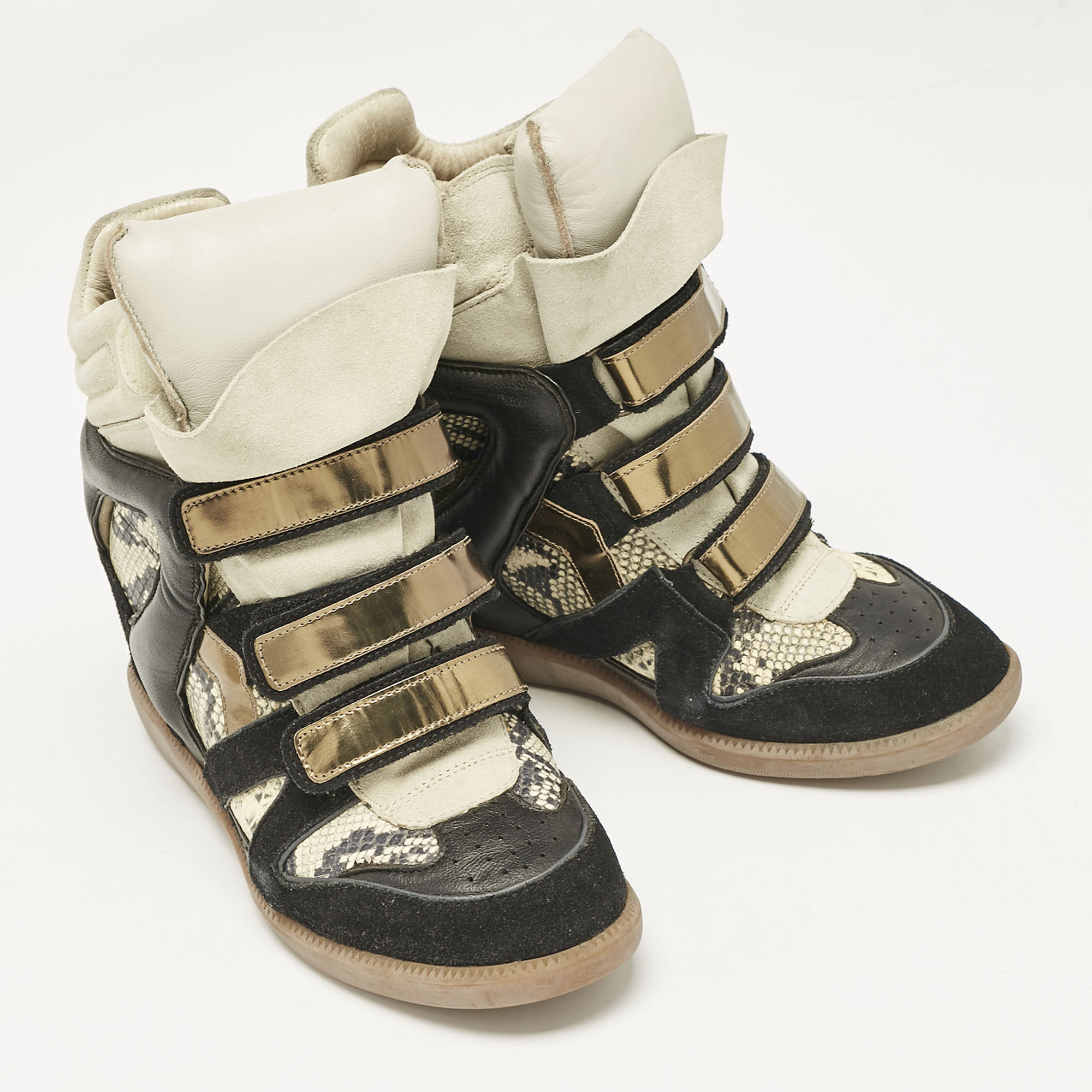 Isabel Marant Multicolor Python Embossed Leather and Suede Bekett Wedge Sneakers Size 40 