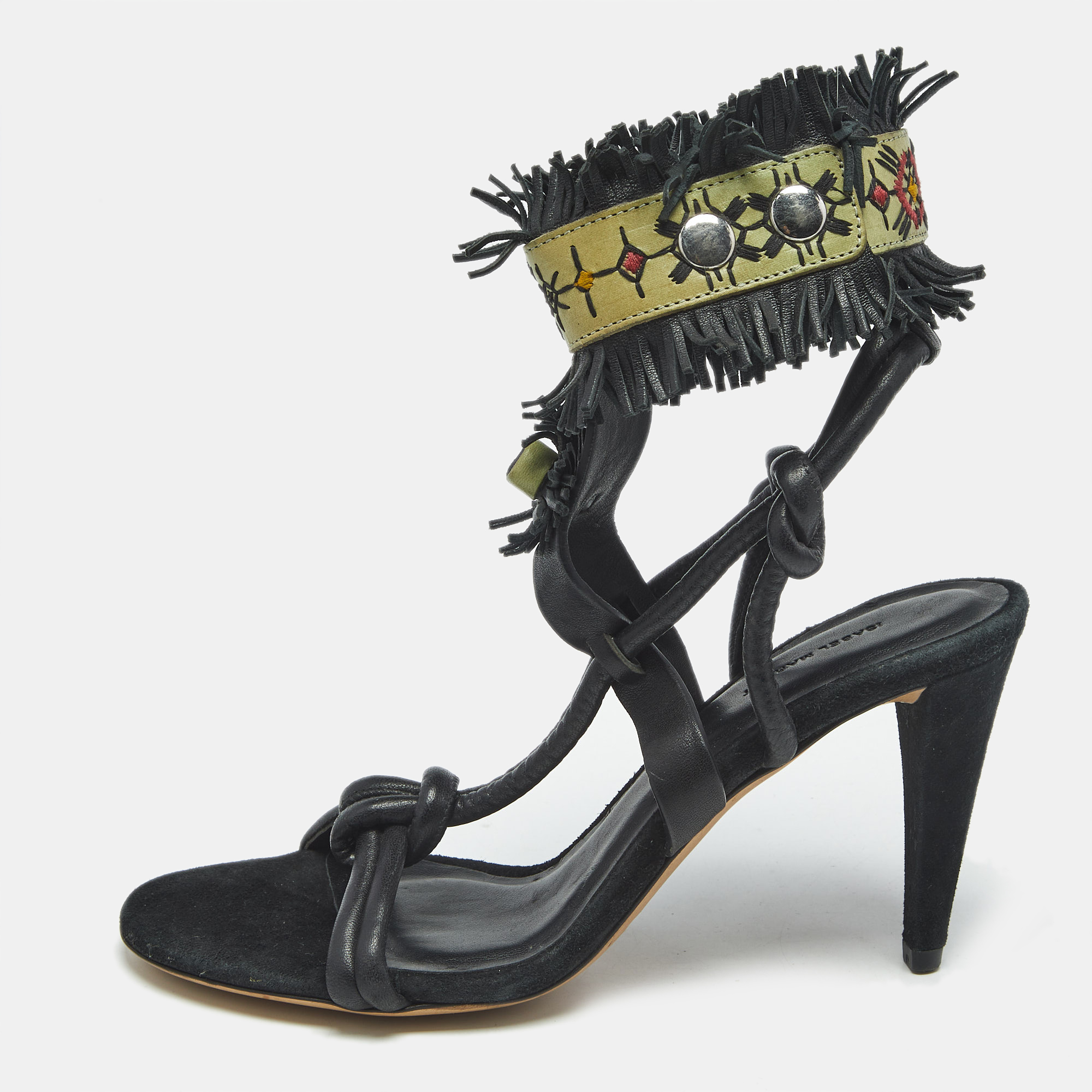 Isabel Marant Black Leather and Suede Fringe Detail Ankle Strap Sandals Size 36