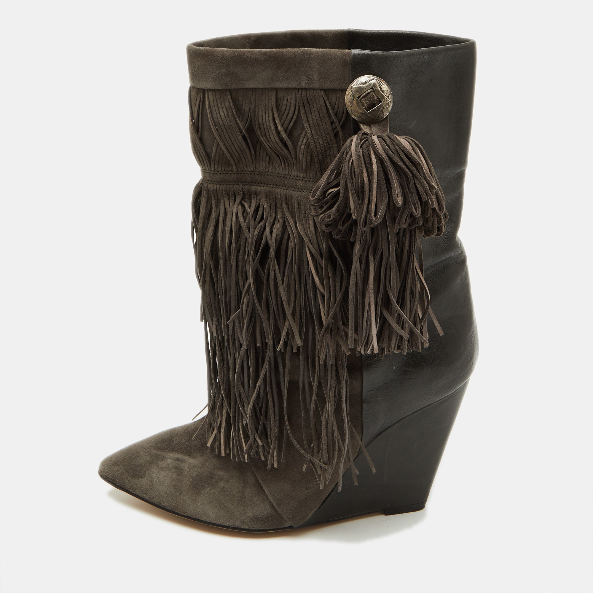 Pre-owned Isabel Marant Dark Grey Suede And Leather Mony Fringe Ankle Wedge Boots Size 39 In Gray