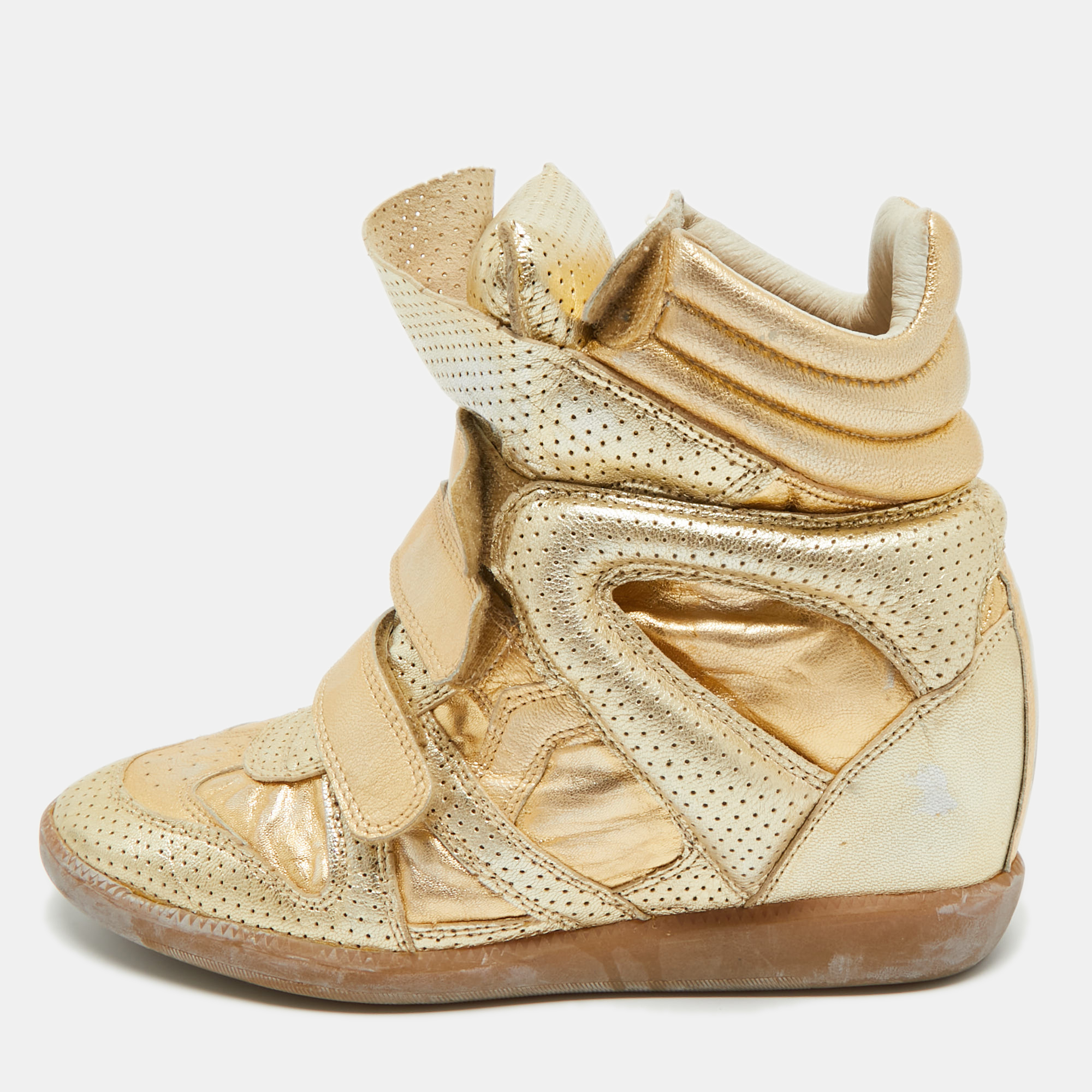 Pre-owned Isabel Marant Metallic Gold Leather Bekett Wedge Sneakers Size 40 In Silver