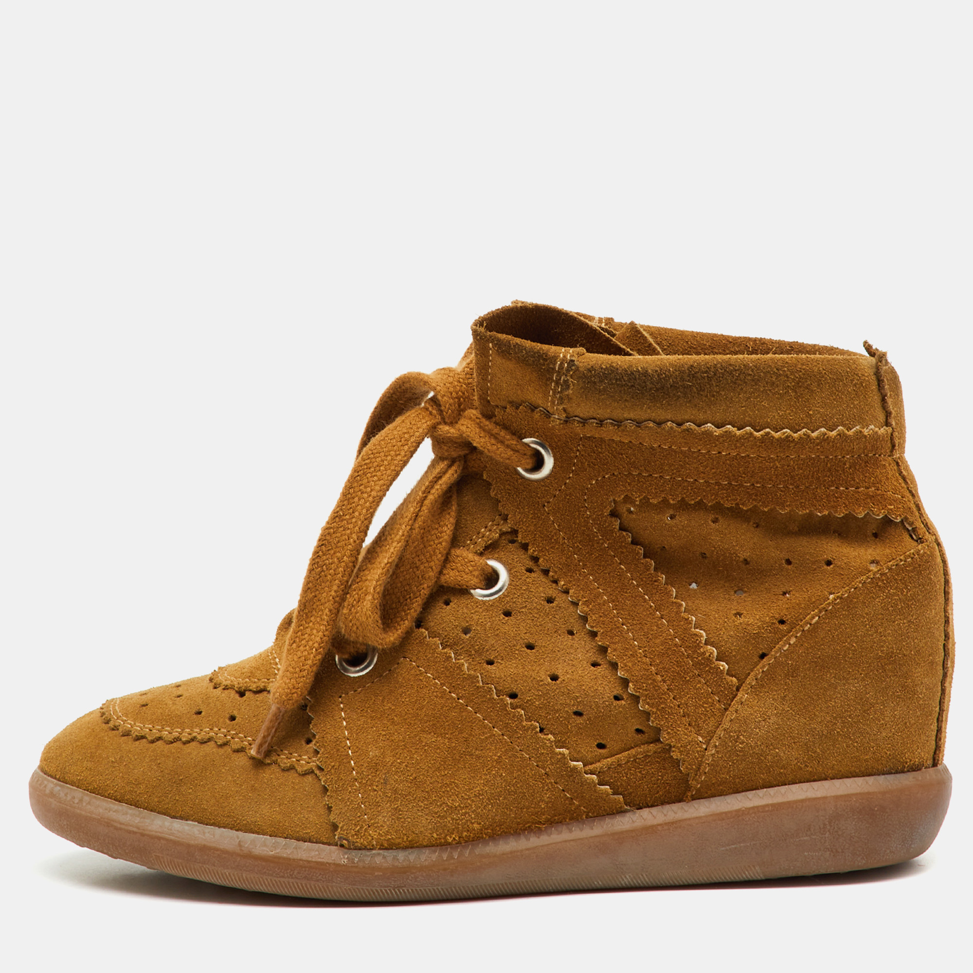 Pre-owned Isabel Marant Brown Perforated Suede Etoile Wedge Sneakers Size 38