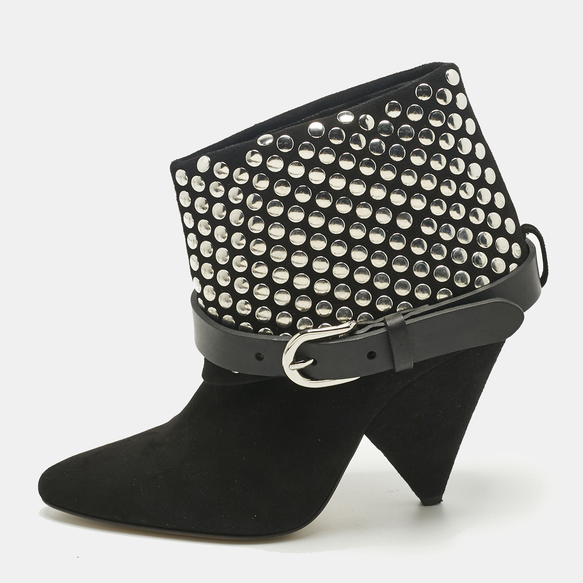 Pre-owned Isabel Marant Black Leather And Suede Studded Ankle Length Boots Size 38