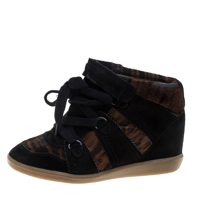 

Isabel Marant Black Printed Ponyskin and Suede Blossom Lace Up Wedge Sneakers Size