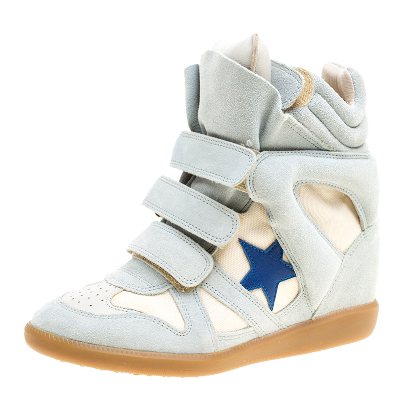 Pre-owned Isabel Marant Grey/beige Suede And Canvas Bayley Star Wedge Sneakers 37 | ModeSens
