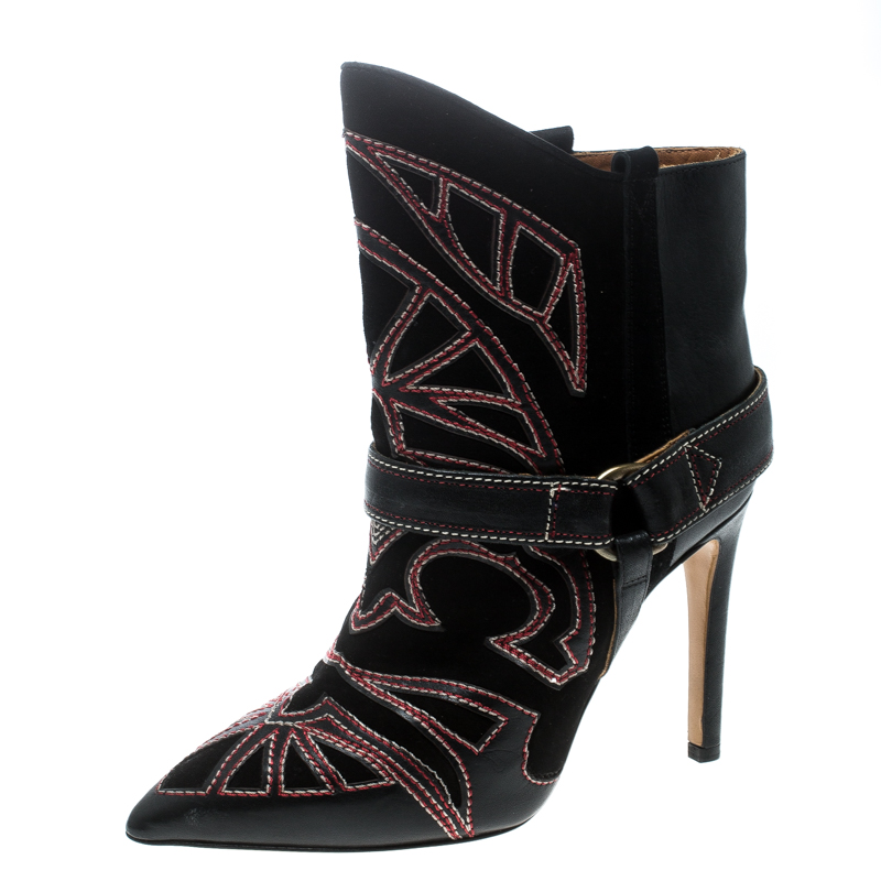Pre Owned Isabel Marant Black Embroidered Suede and Leather Betty Ankle Boots Size 37