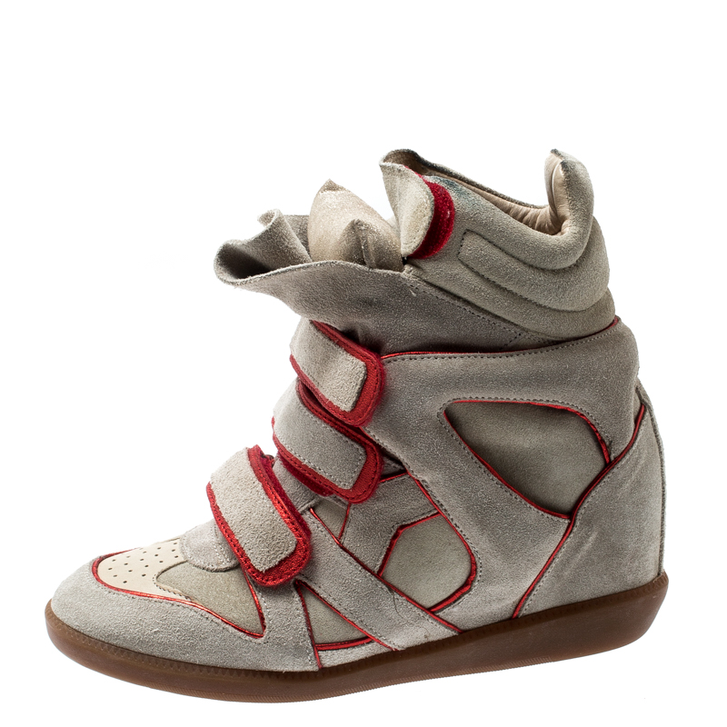 

Isabel Marant Grey Suede with Metalllic Red Leather Trim Bekett Wedge Sneakers Size