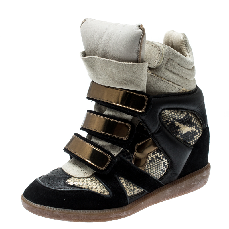 Pre Owned Isabel Marant Tricolor Python Embossed And Suede Leather Bekett Wedge High Top Sneakers Size 36