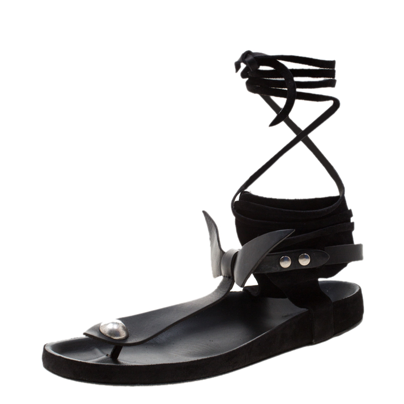 Pre Owned Isabel Marant Black Suede And Leather Elva Bow Tie Up Thong Flat Sandals Size 39