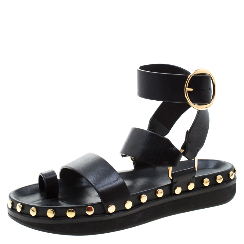 Isabel Marant Black Leather Nirvy Stud Trim Platform Sandals Size 40