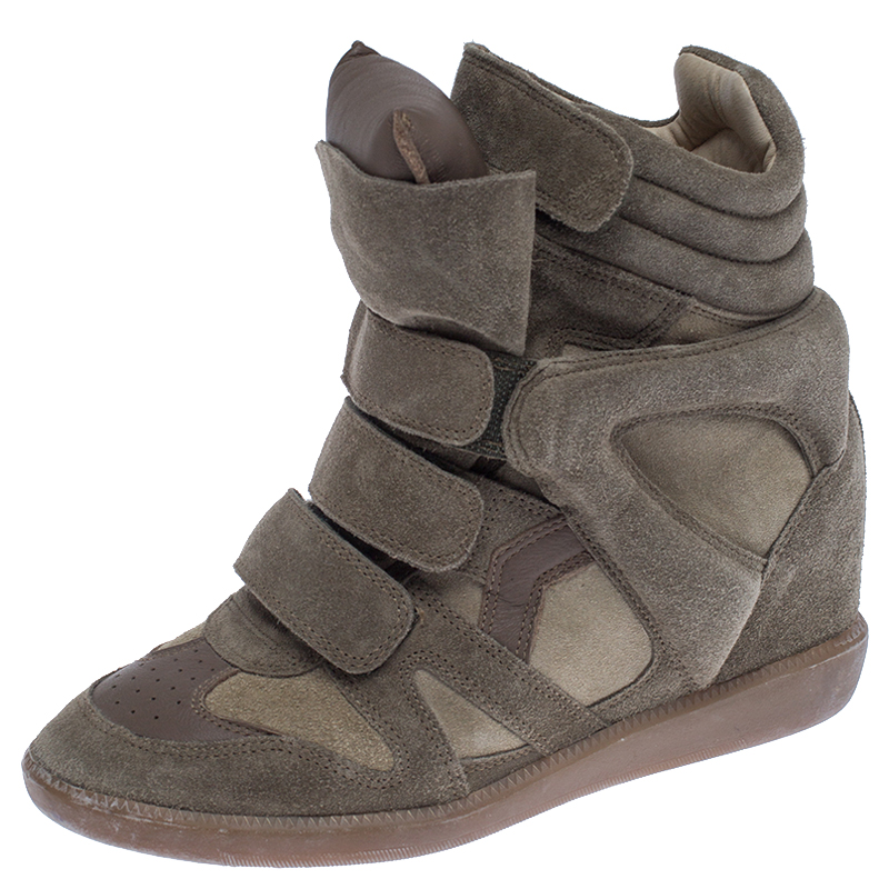 Pre-owned Isabel Marant Olive Green Suede And Leather Trim Bekett Wedge Sneakers Size | ModeSens
