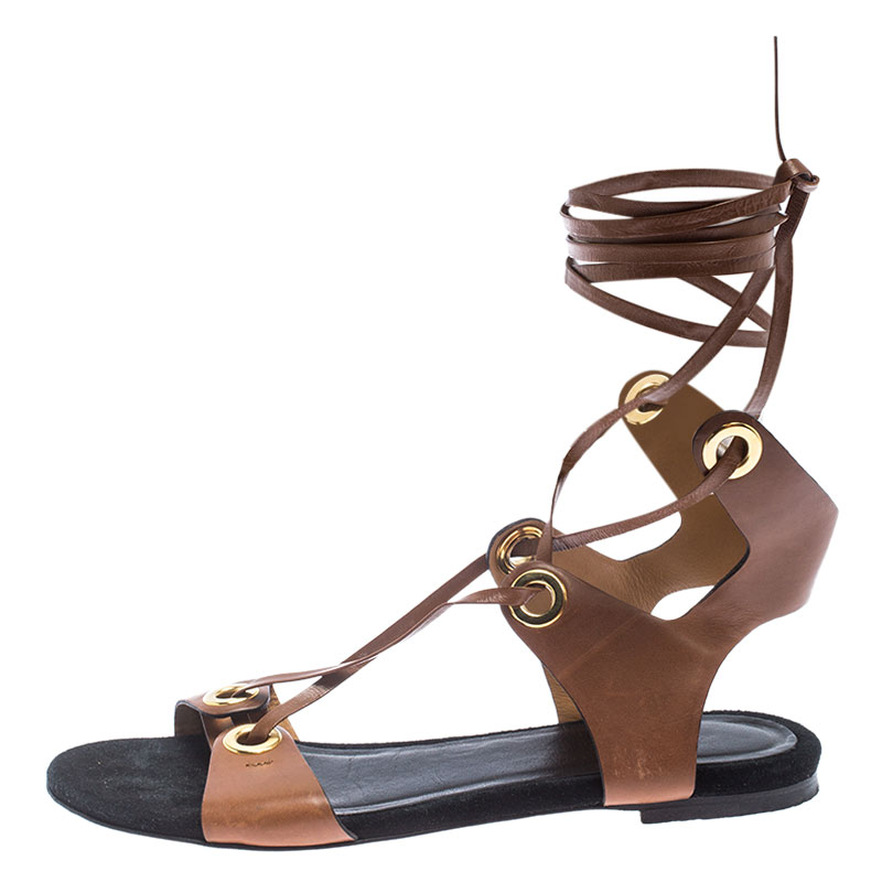 

Isabel Marant Tan Leather Jaysta Lace-Up Flat Sandals Size
