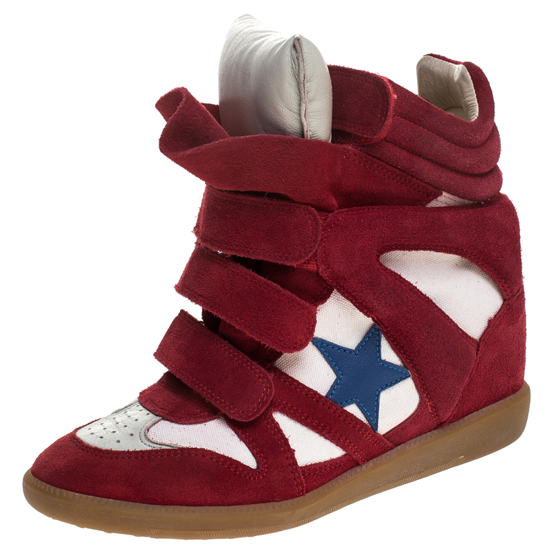 Isabel Marant Red/White Suede and Canvas Bayley Star High Top Sneakers Size 38