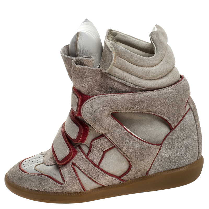 

Isabel Marant Grey Suede with Metalllic Red Leather Trim Bekett Wedge Sneakers Size