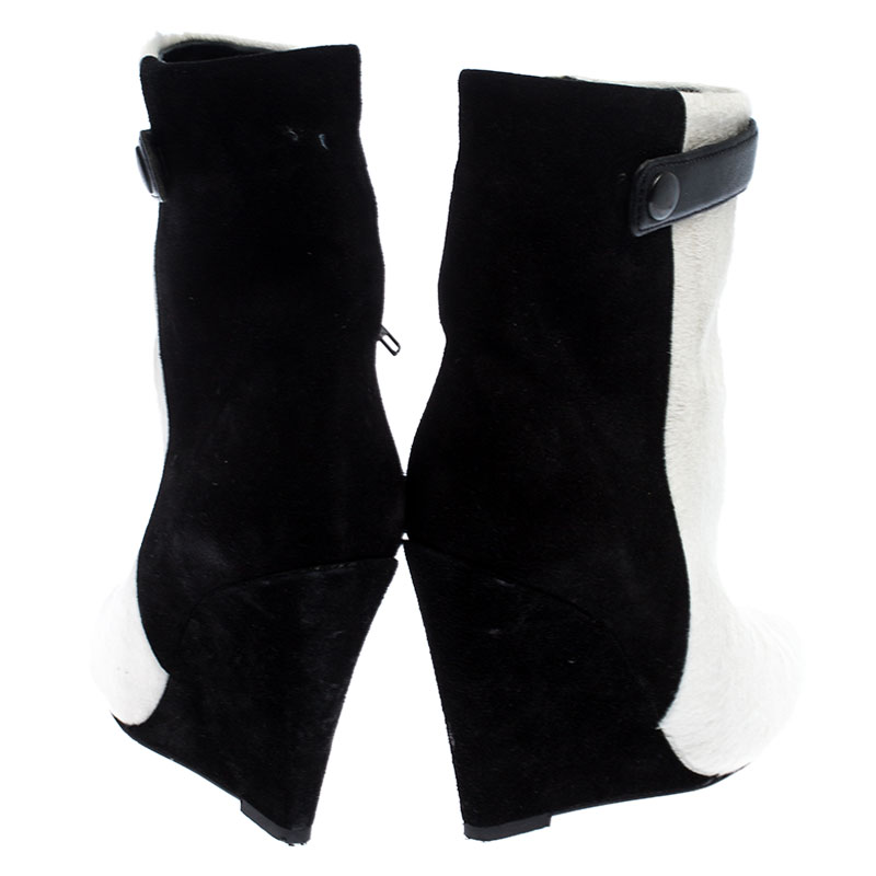 Pre-owned Isabel Marant Black/white Pony Hair And Suede Wedge Ankle Boots Size 38
