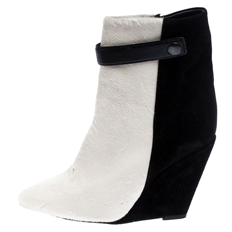 Pre-owned Isabel Marant Black/white Pony Hair And Suede Wedge Ankle Boots Size 38