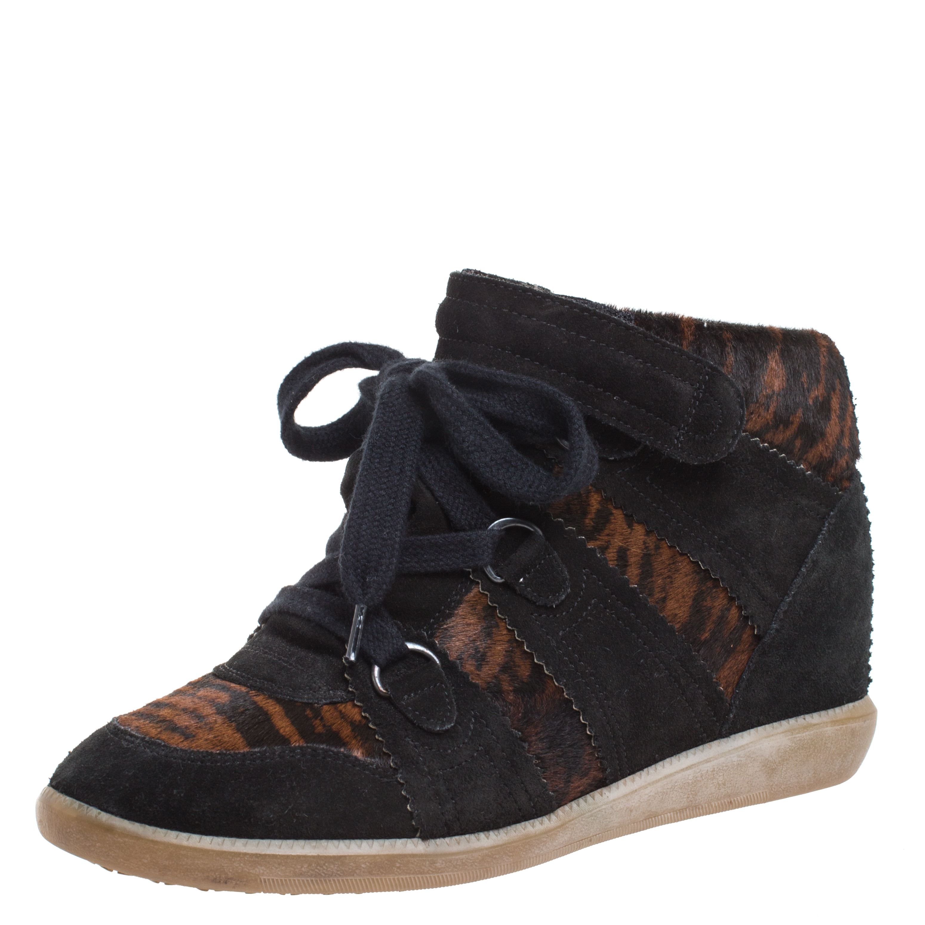 Pre-owned Isabel Marant Black Printed Ponyskin And Suede Blossom Lace Up Wedge Sneakers Size 39