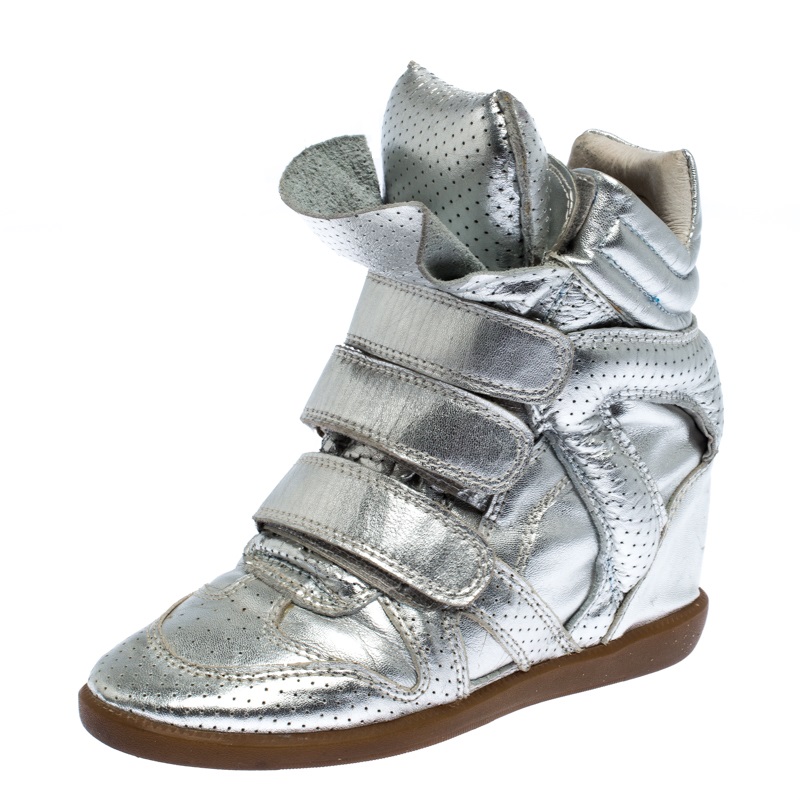 Pre-owned Isabel Marant Metalllic Silver Leather Bekett Wedge Sneakers Size 36