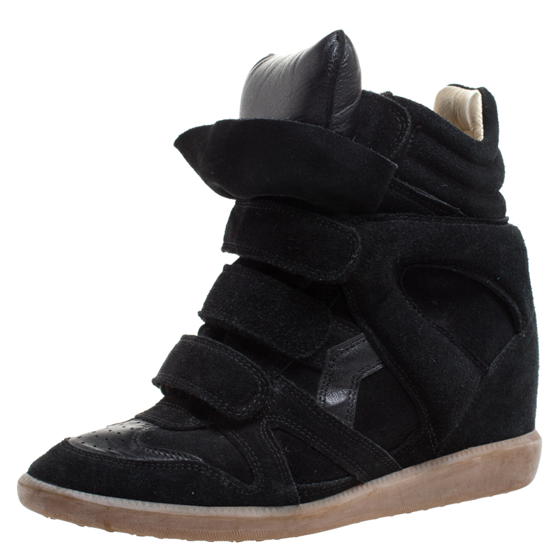 Pre-owned Isabel Marant Black Suede And Leather Bekett Wedge High Top Trainers Size 38