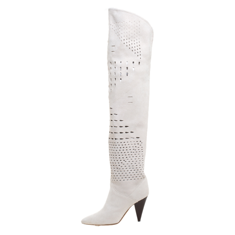 

Isabel Marant White Perforated Suede Lyde Thigh Length Boots Size