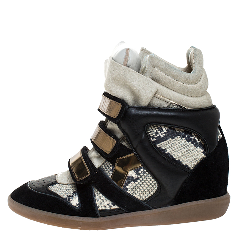 

Isabel Marant Tricolor Python Embossed And Suede Leather Bekett Wedge High Top Sneakers Size, Black