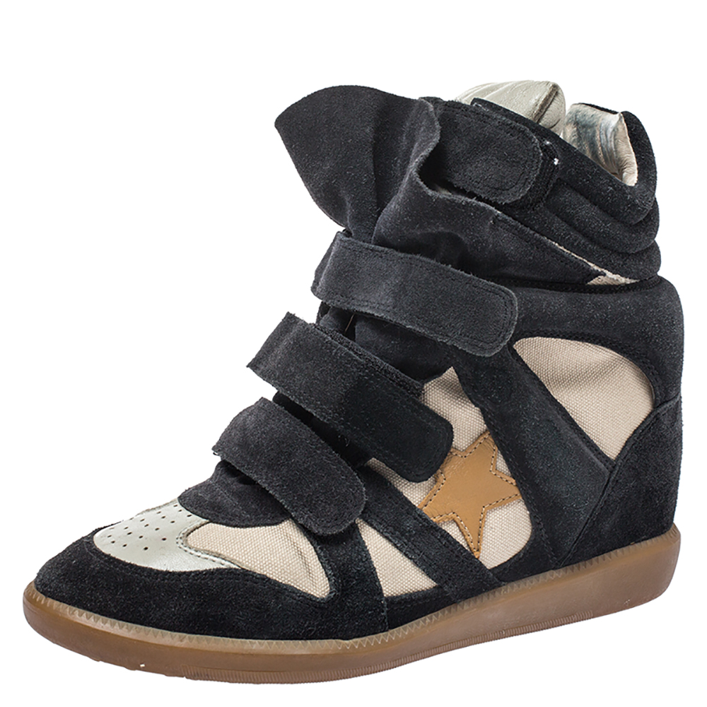 Pre-owned Isabel Marant Black Suede And White Canvas Bekett Wedge Sneakers Size 38