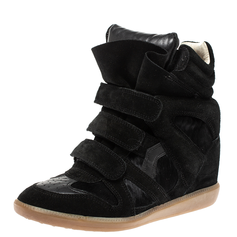 Pre Owned Isabel Marant Black Suede And Leather Bekett Wedge Sneakers Size 38