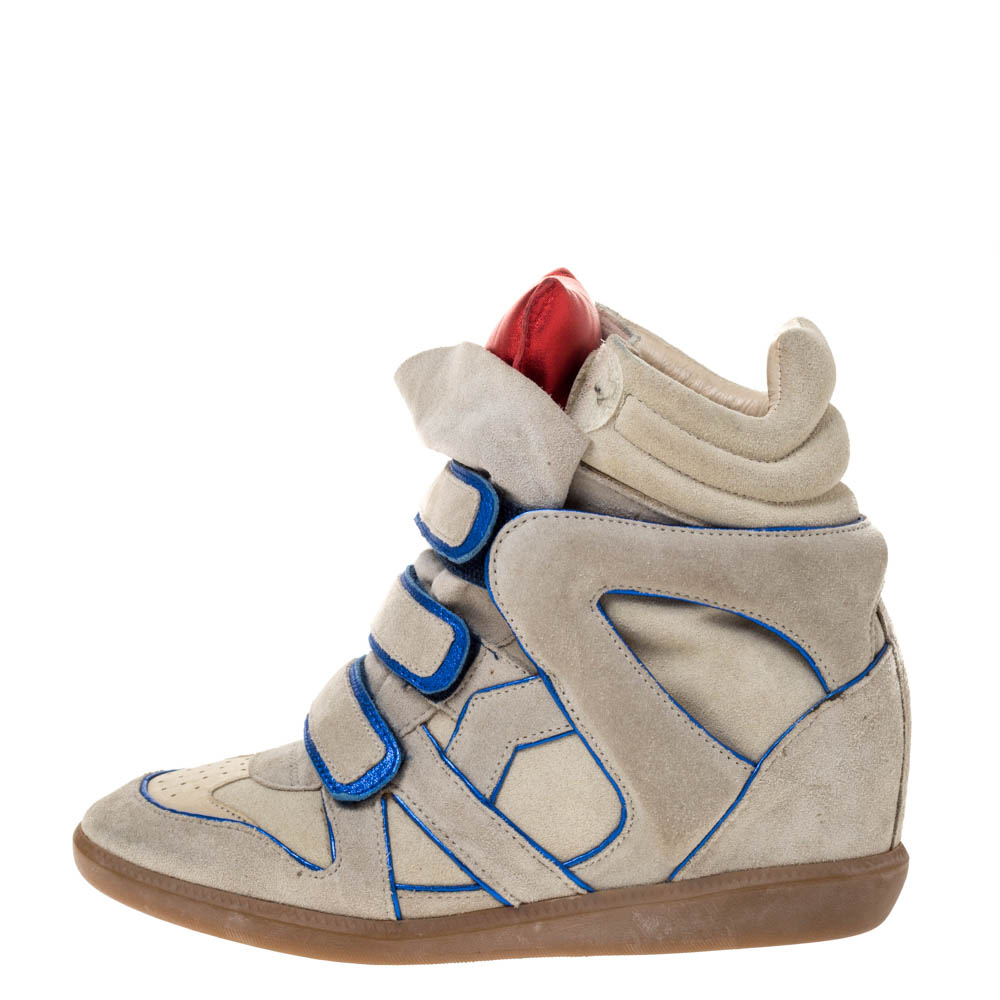 

Isabel Marant Grey Suede with Metalllic Blue/Red Leather Trim Bekett Wedge Sneakers Size