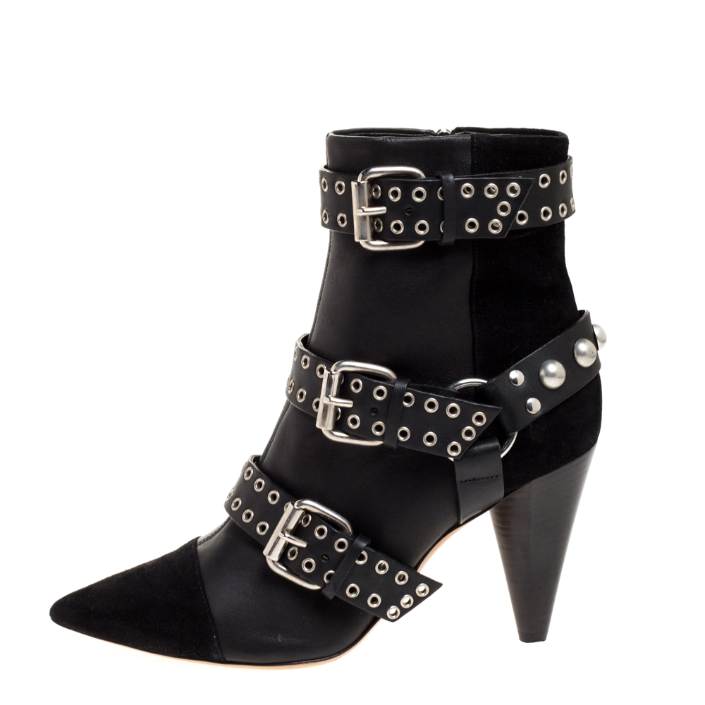 

Isabel Marant Black Suede And Leather Eyelet Embellished Lysett Ankle Boots Size
