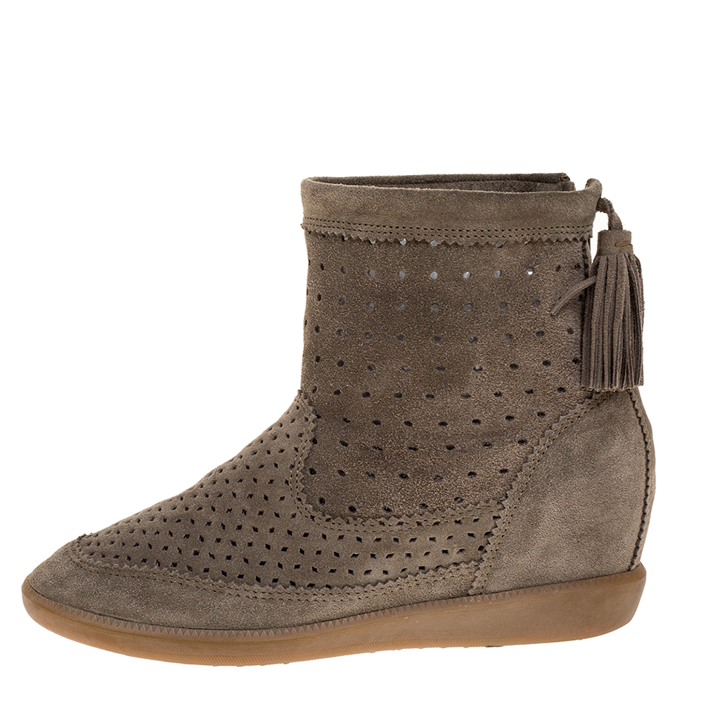 

Isabel Marant Grey Cutout Suede Tassel Embellished "Beslay" Wedge Ankle Boots Size